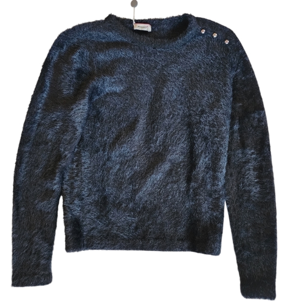 PINKO UP Girls Black Fuzzy Sweater Size L - Shoulder Button Detail, Soft Stylish
